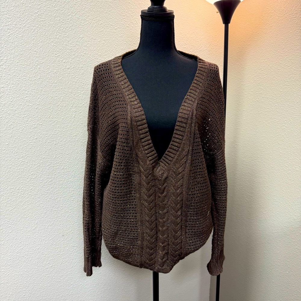 Lane Bryant Brown with subtle Metallic Threading, Oversized, Deep V Neck Sweater - Picture 1 of 6